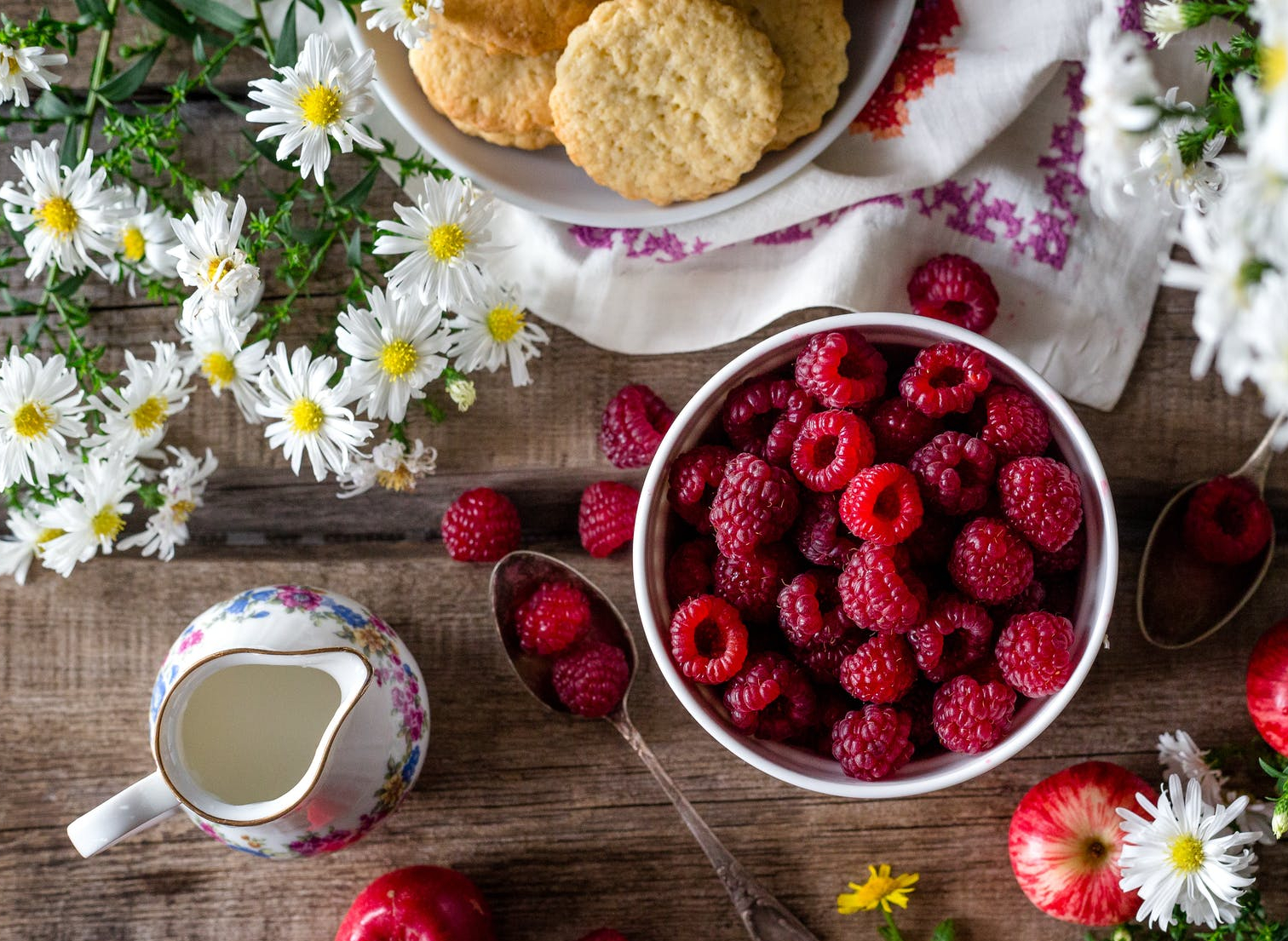 bowl of berries with biscuits and cream