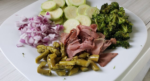 veggies, meat and pickles