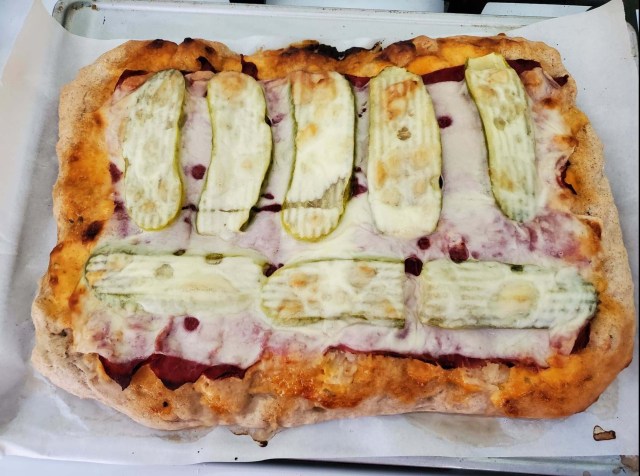 Completed Reuben Pizza, warm and bubbly
