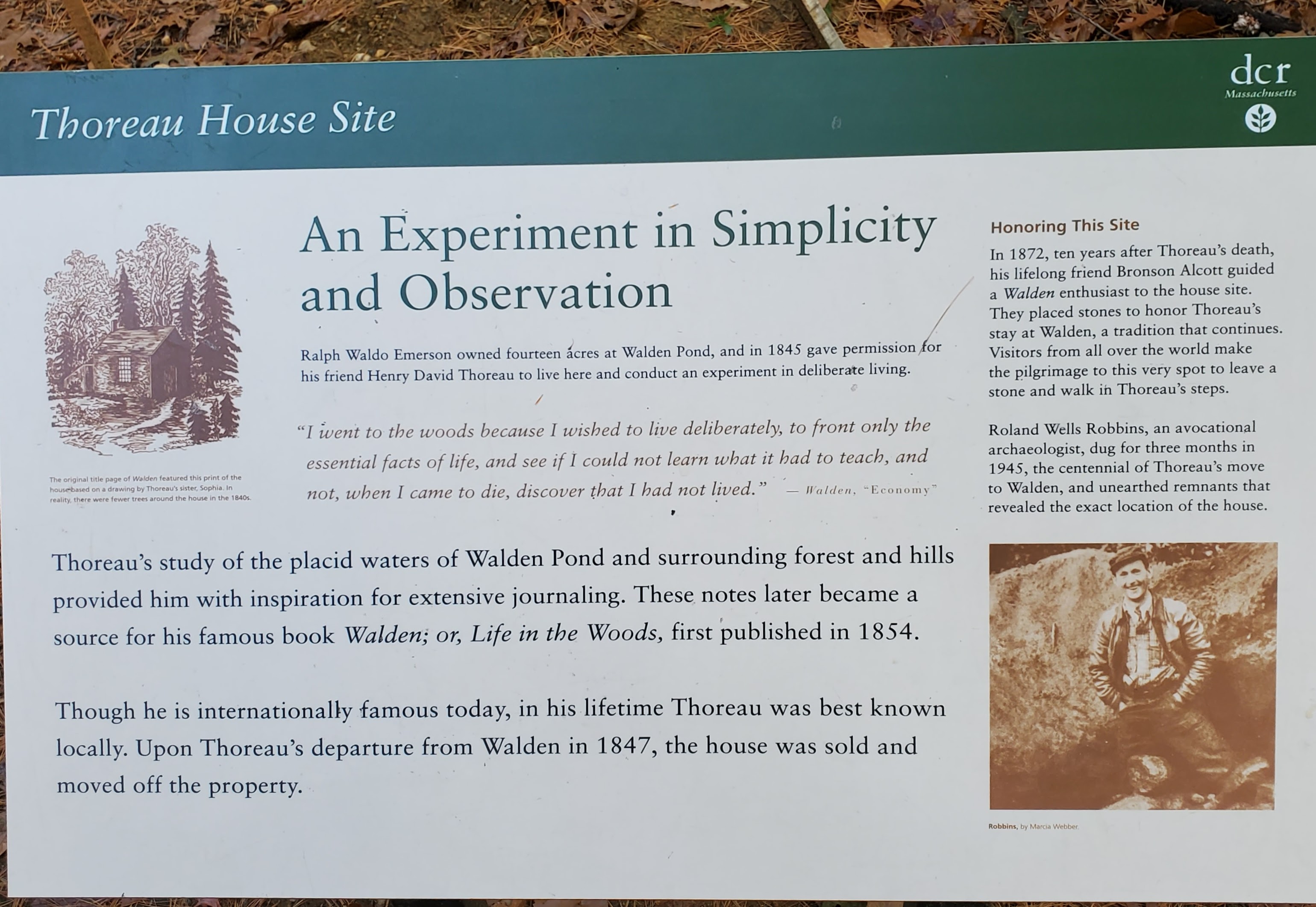Sign about Thoreau and the excavation of the site.