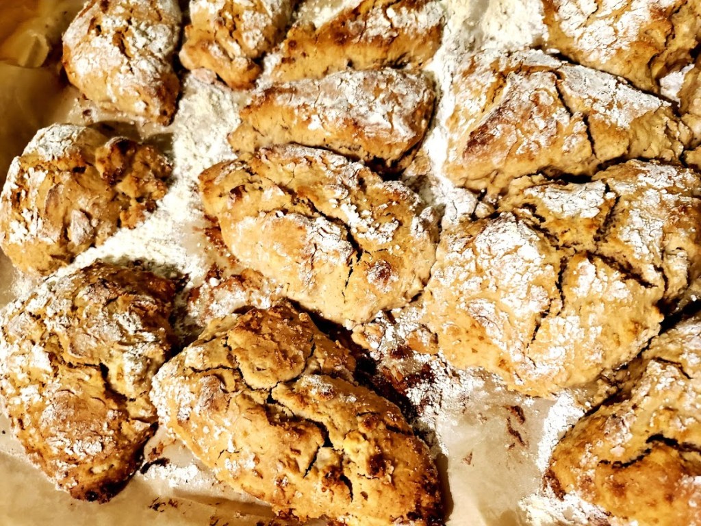 Apple walnut scones cooling on their baking paper