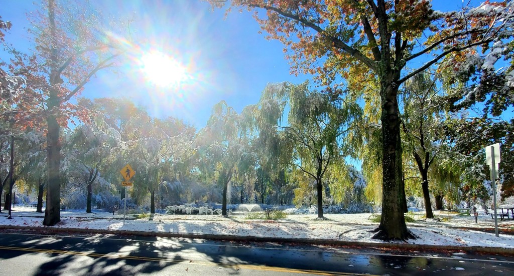 fountain in the sunshine next to the athletic fields