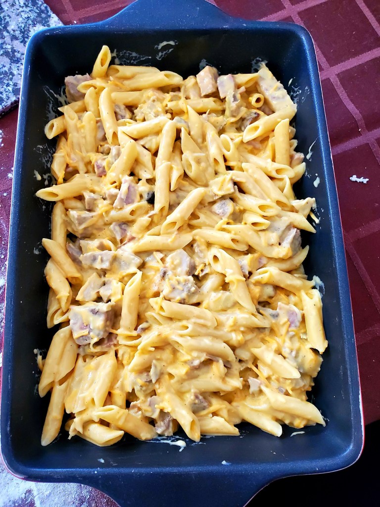 pasta and pork ready for the oven