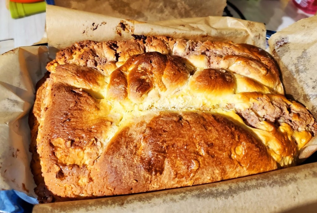 golden babka fresh from the oven