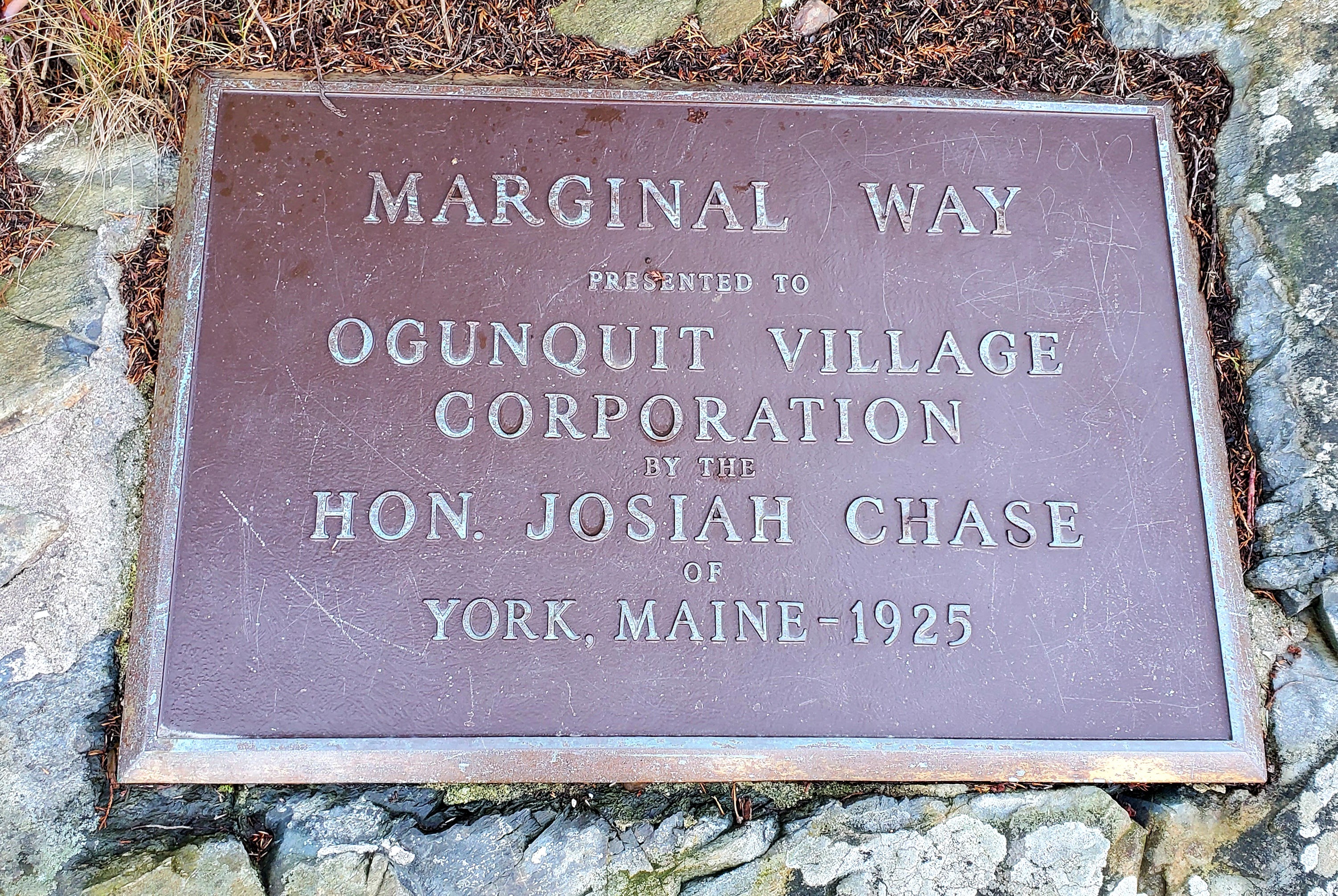 Plaque for Marginal Way: presented to Ogunquit Village Corporation by the Hon. Josiah Chase, of York, ME 1925