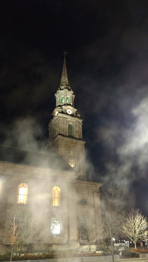 Church surrounded by fog
