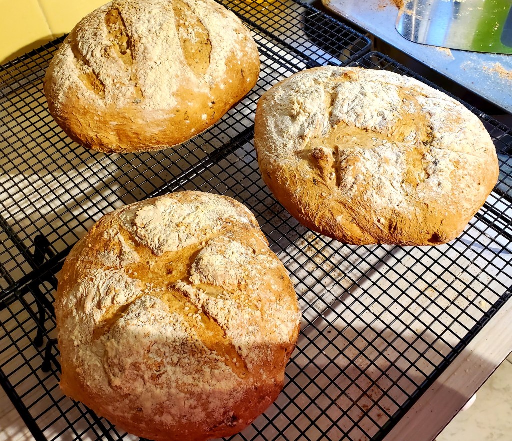 3 loaves of bread browned from the oven