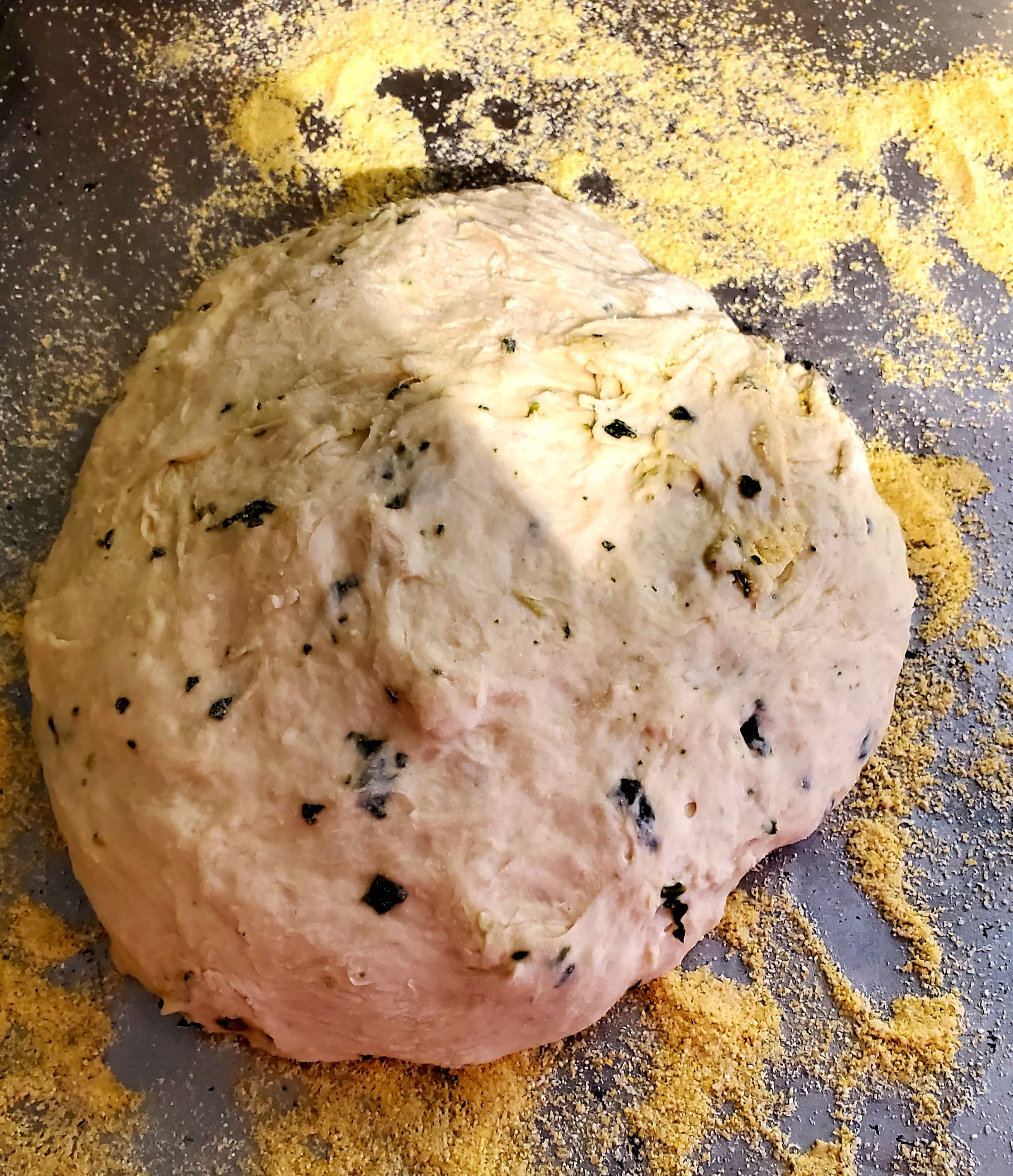 Loaf of bread on cornmeal dust