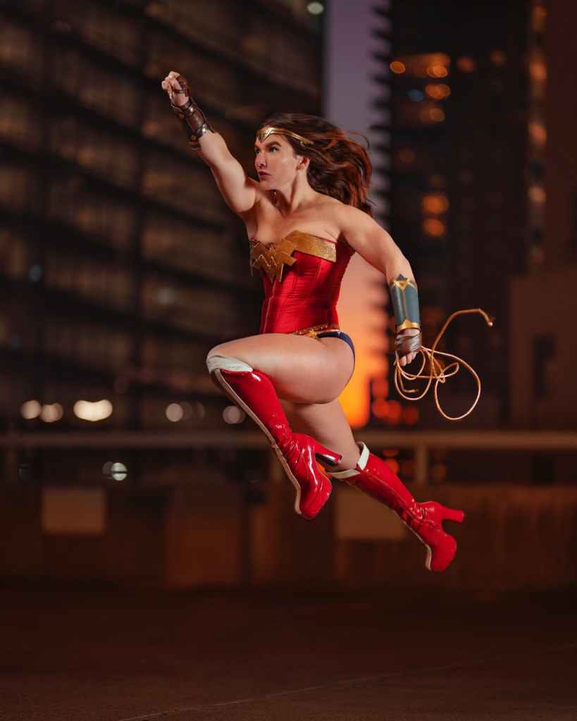 Wonder Woman leaping through the air